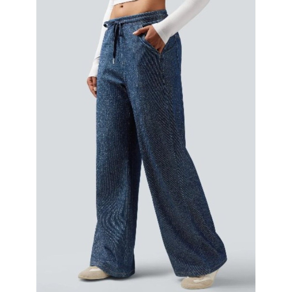 Halara Flex L Low Rise Drawstring Wide Leg Silver Shine Casual Sweatpants Jeans - Picture 1 of 12
